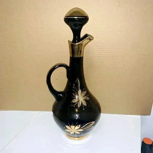 Romanian MidCent Smoked Glass 22k Gold Carafe Decanter Czech Bohemian - Picture 12 of 16